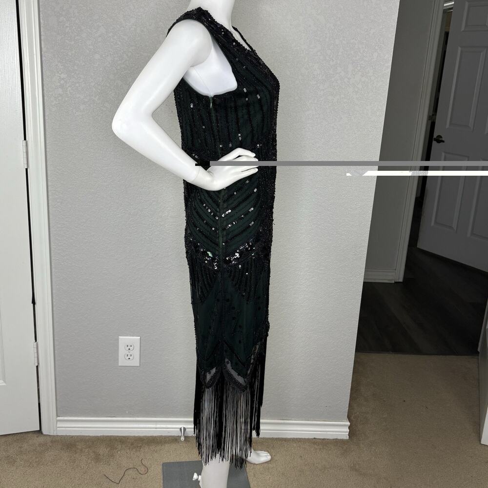 Women's Gatsby Flapper Beaded Sequin Dress 1920s Fringe Emerald Green Black Sz S - Picture 6 of 7